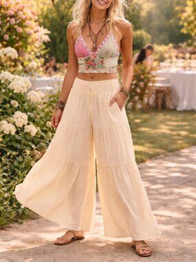Breezy Airy Floral Jacquard 100% Cotton Tiered Ruffle Wide Flare Palazzo Pants